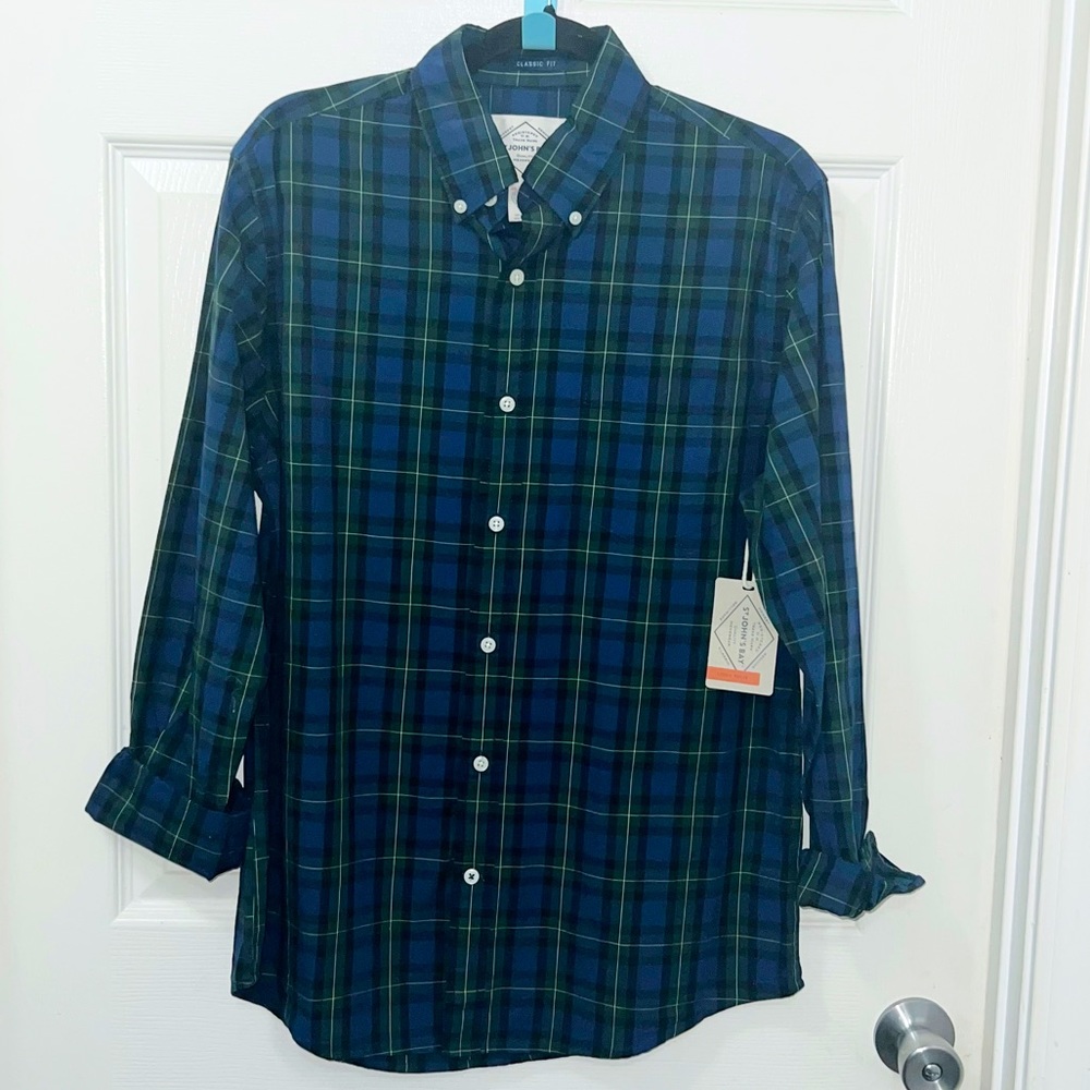 New St. John's Bay Mens EASY CARE Green Plaid Button Down Long Sleeve